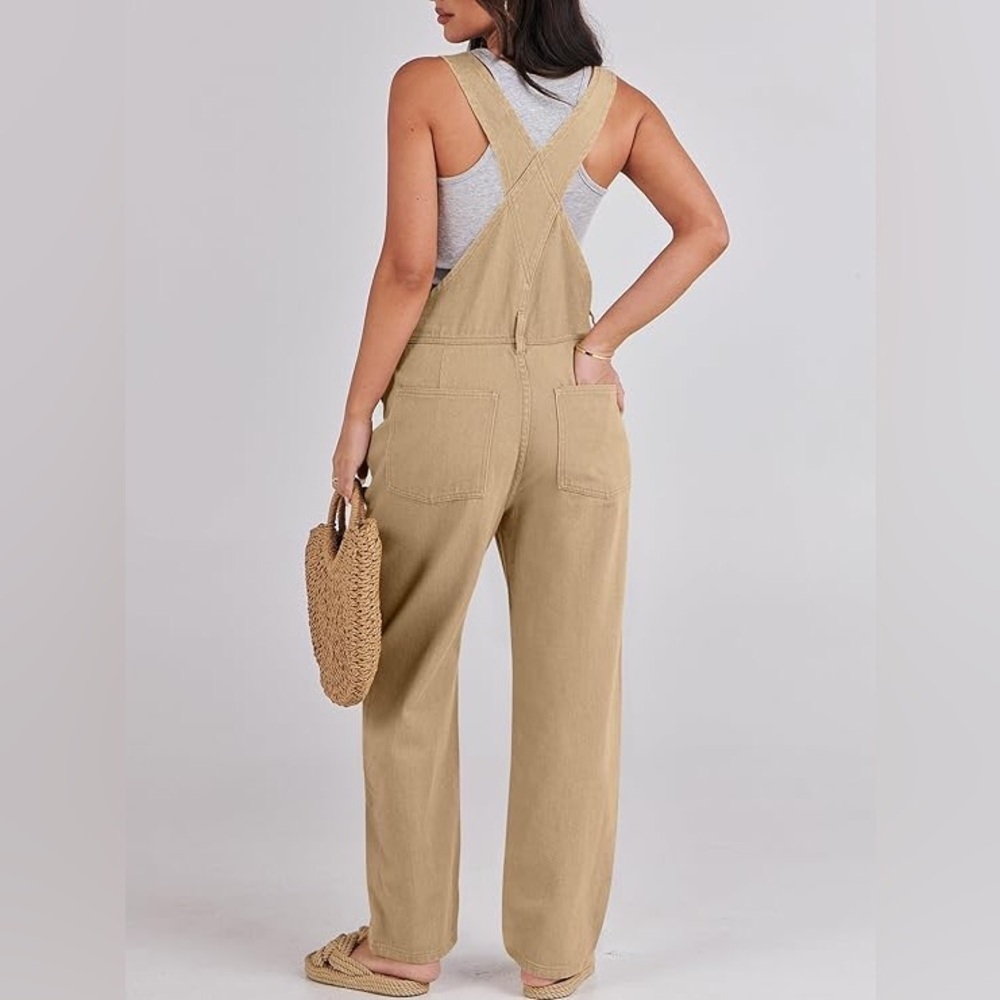 NEW Anrabess Small 4/6 Khaki Cross Back Design Denim Overalls - Picture 3 of 14